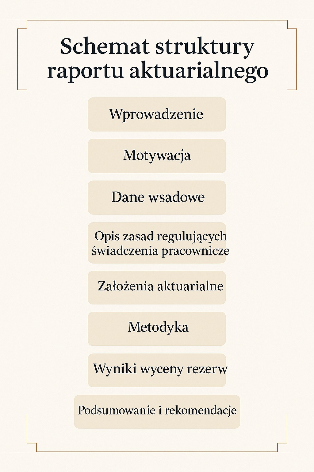 Schemat struktury raportu aktuarialnego – elementy wyceny rezerw pracowniczych